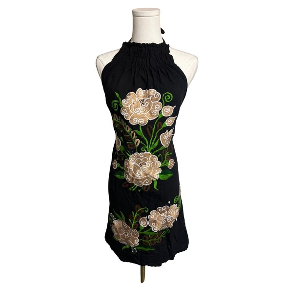 Dresses & Skirts - Black Embroidered Floral Halter Mini Dress Open Back Smocked Neck M Vacation